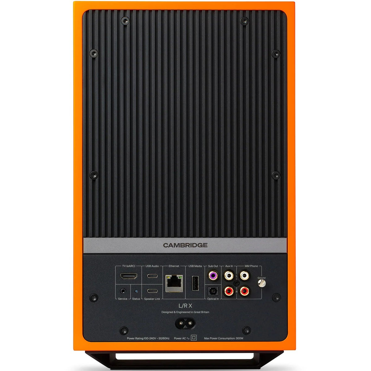 Cambridge Audio L/R X active bookshelf speakers, orange, front view