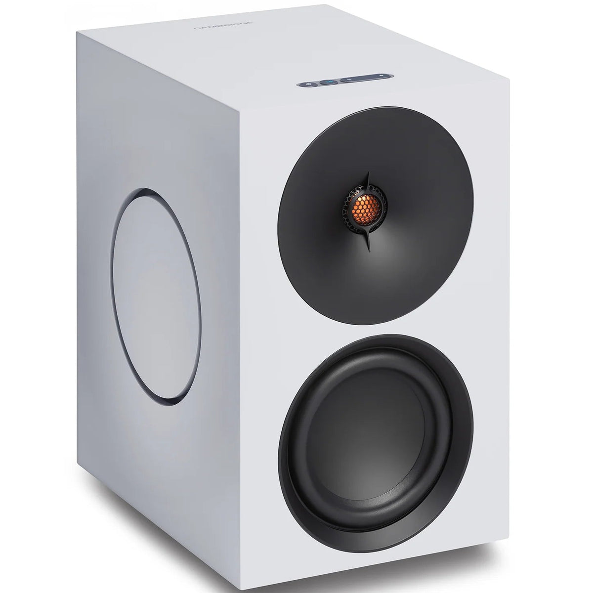 Cambridge Audio L/R X active bookshelf speakers, white, front view