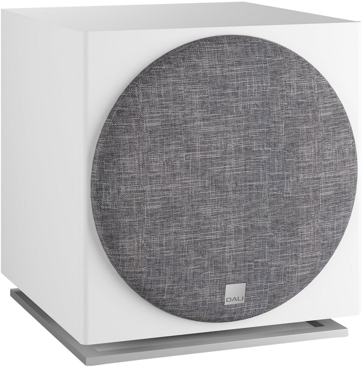 DALI Dali Sub E-12 F subwoofer with sleek black enclosure and front-firing driver, designed for deep bass in home audio systems.