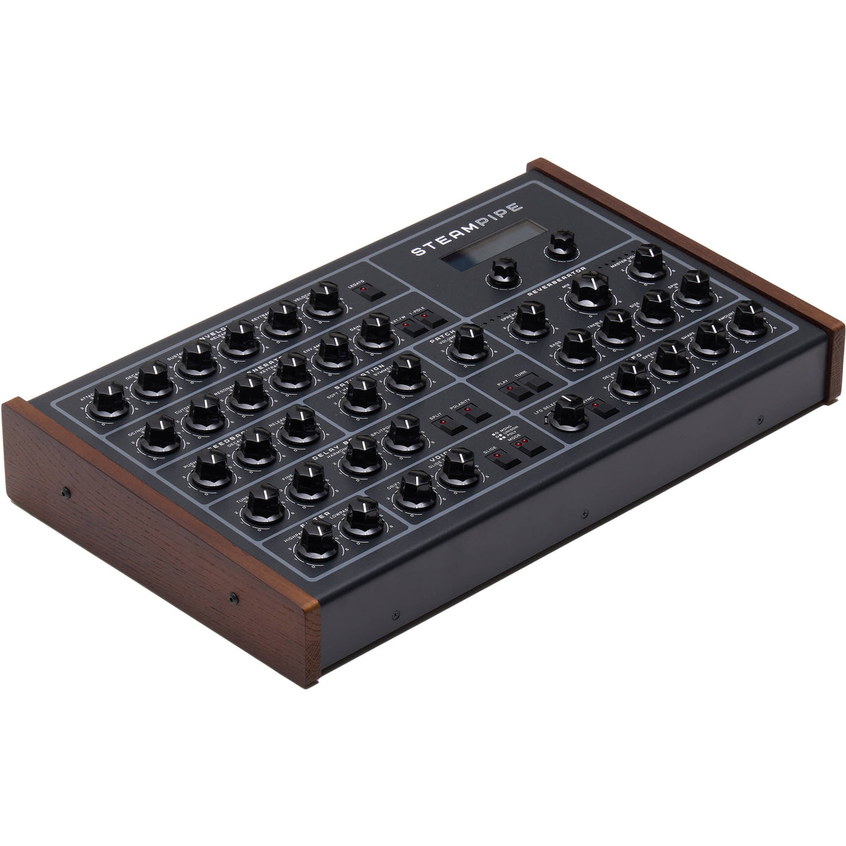 Erica Synths Steampipe desktop synthesizer, black, top view.