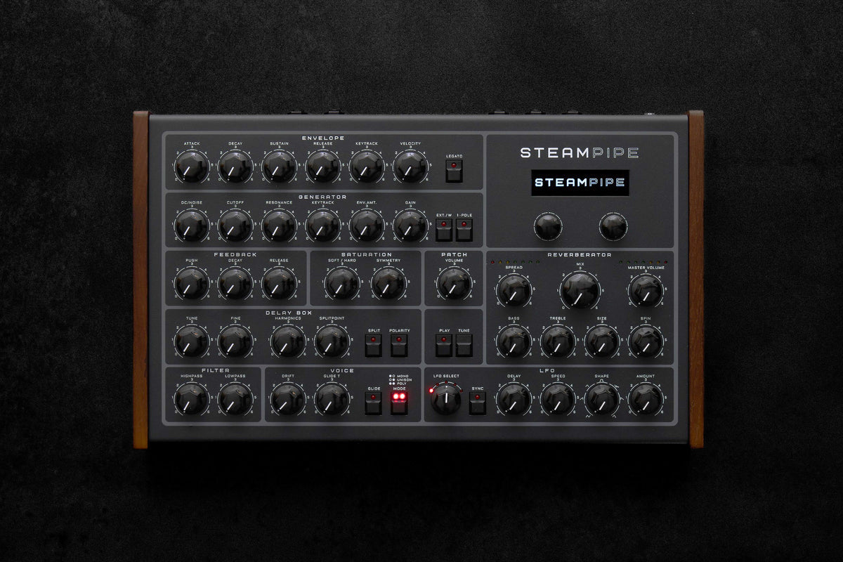 Erica Synths Steampipe desktop synthesizer, black, top view.