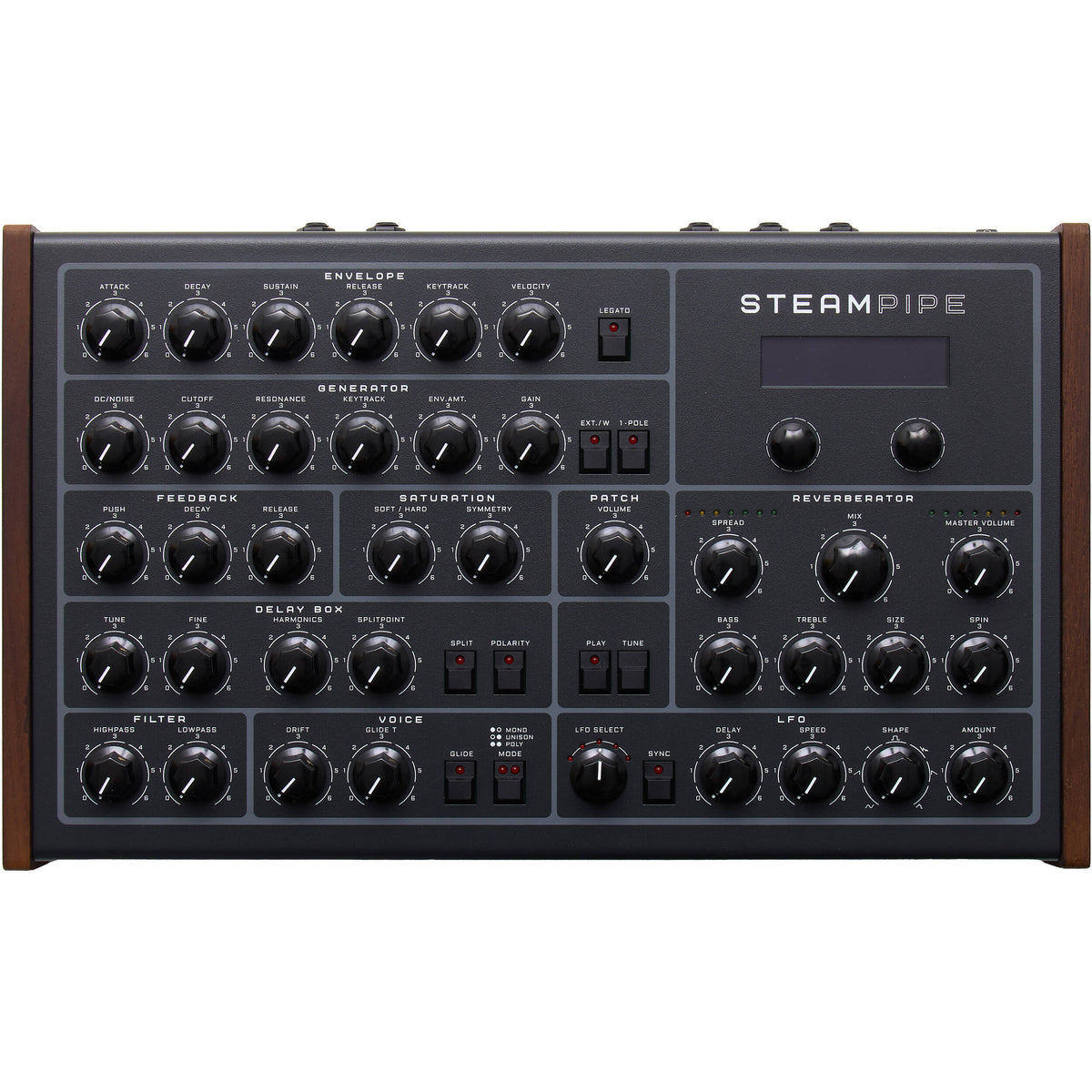 Erica Synths Steampipe desktop synthesizer, top view.