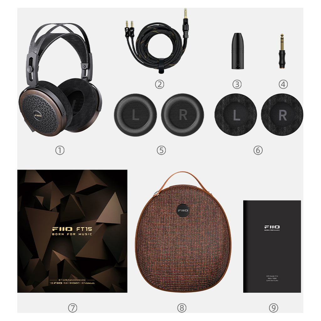 FiiO FT15 box contents: cable, adapters, two sets of earpads and storage case