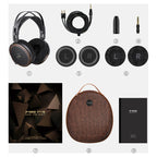 FiiO FT15 box contents: cable, adapters, two sets of earpads and storage case