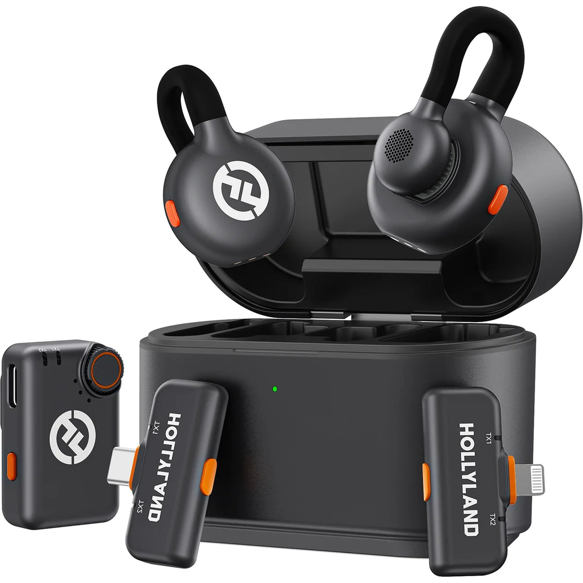 Hollyland Lark M2S Ultimate Combo wireless microphone system with 3 receiver units for camera, USB-C, and Lightning connections.