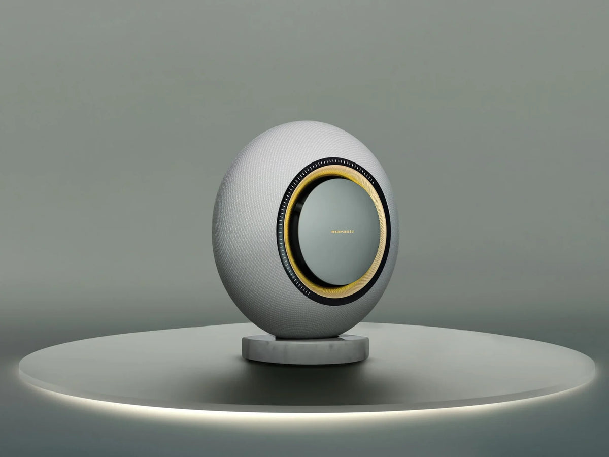 Marantz Horizon wireless speaker with sleek design and moon-inspired motif, showcasing modern audio equipment for premium sound quality.