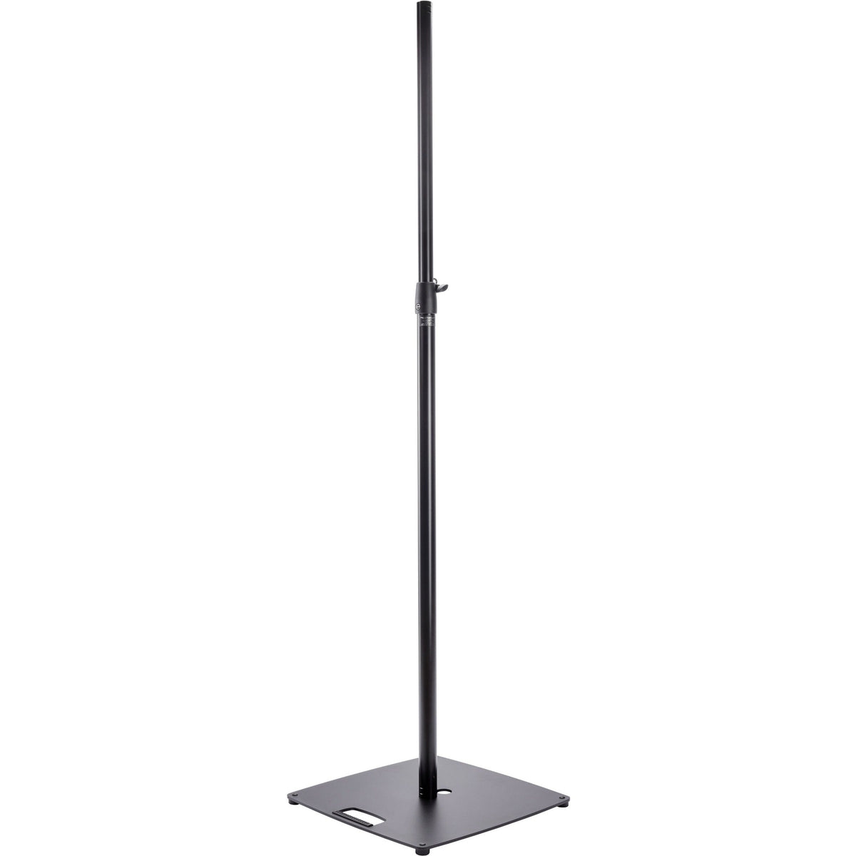 K&M 24650 PA speaker stands set up with adjustable height and sturdy metal construction for professional audio support.