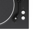 Kanto Audio OBI3 Gen 2 turntable, Black, close-up of tonearm and start/speed buttons