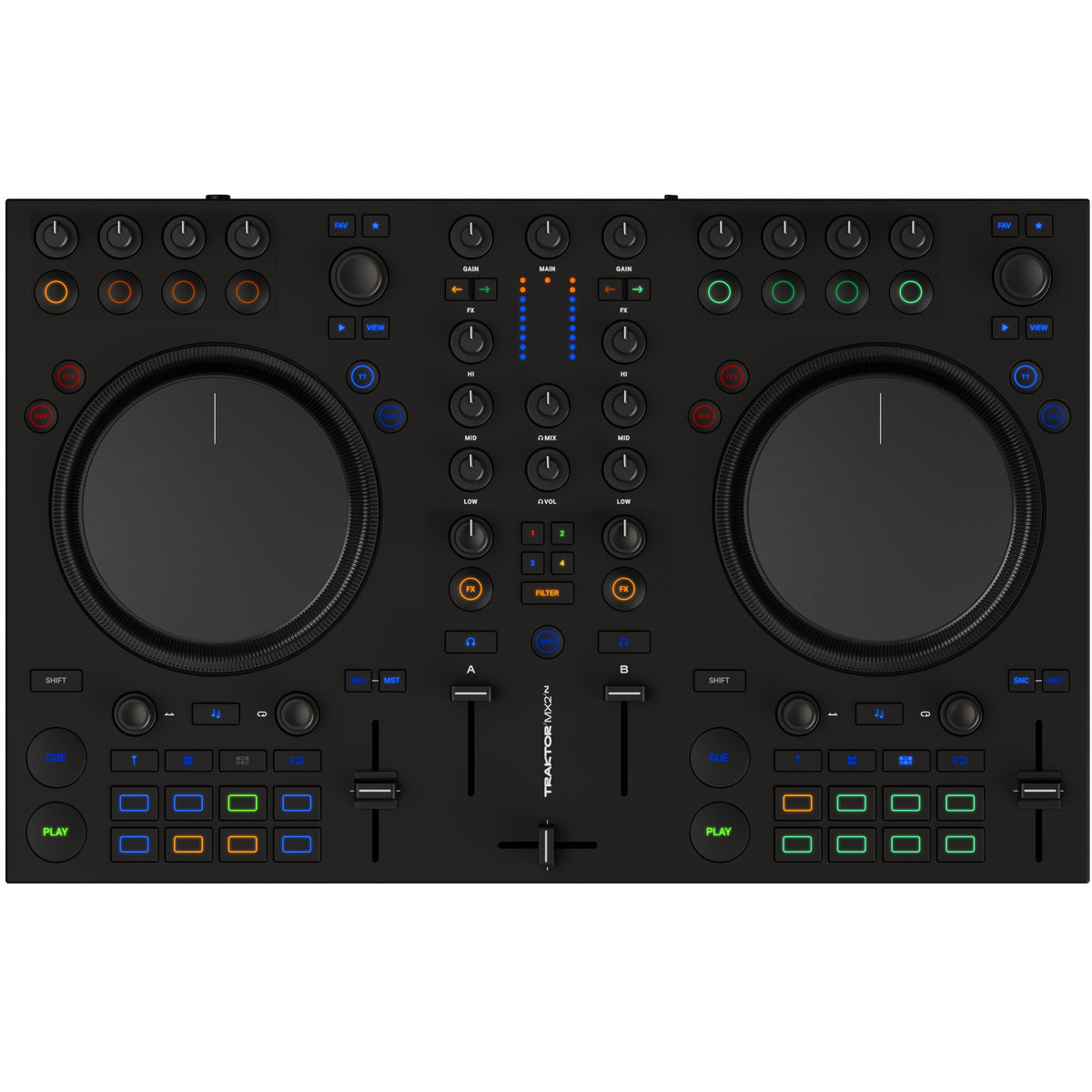 Native Instruments Traktor MX2 DJ controller with knobs, buttons, and jog wheels for professional DJ mixing and performance.