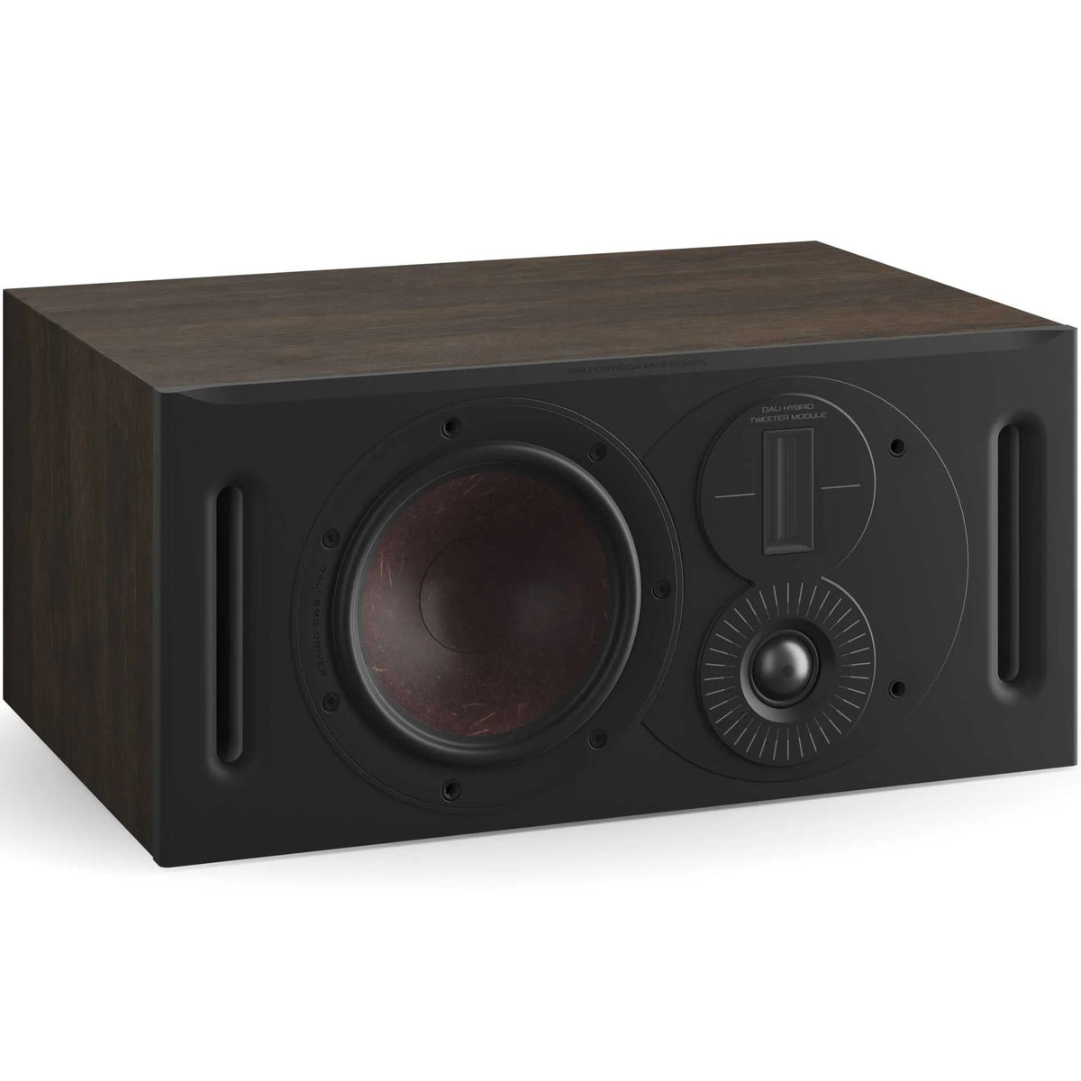 DALI Opticon Vokal MK2 center speaker in walnut finish, showcasing its sleek design and front grille for home theater audio.