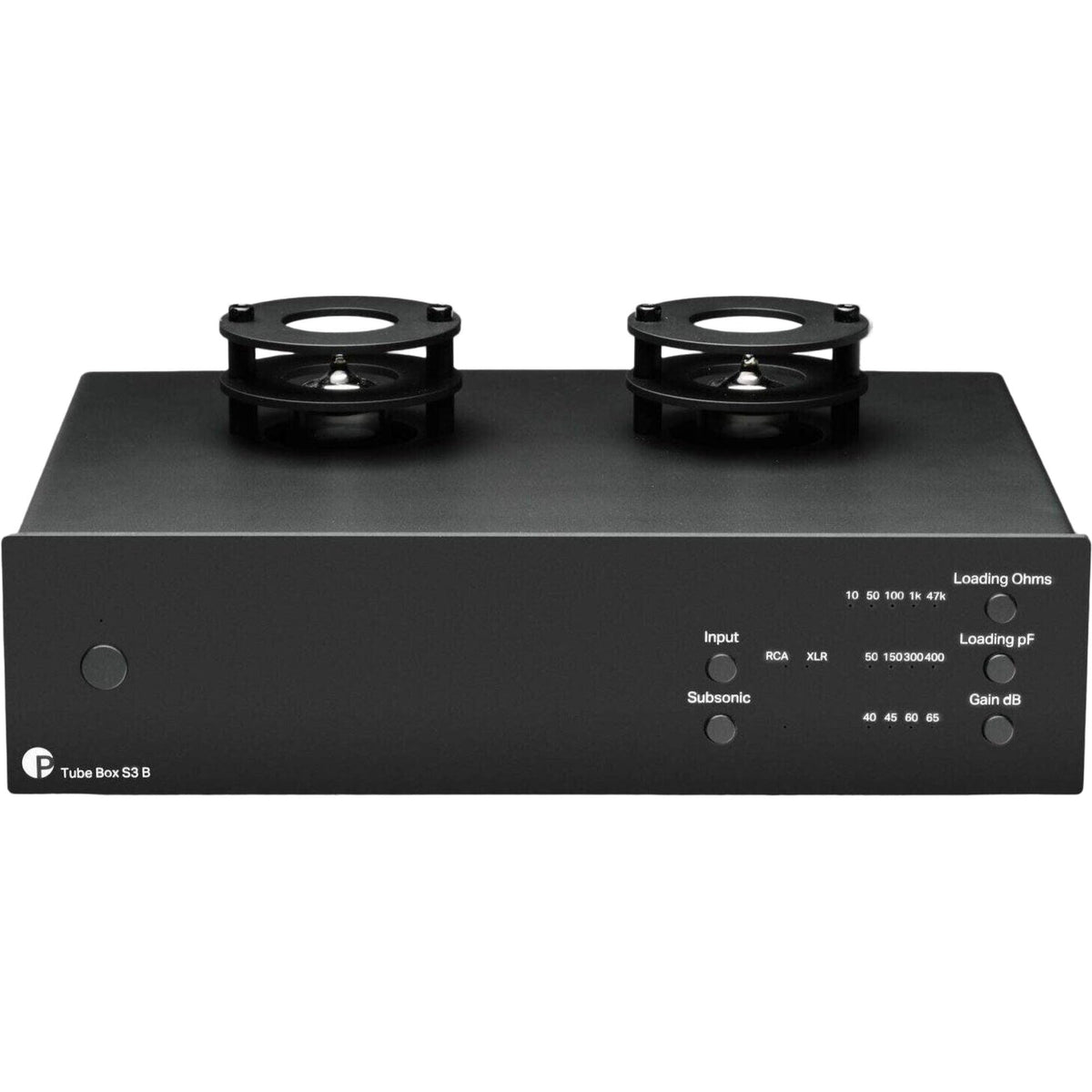 Pro-Ject Tube Box S3 B phono preamp with vacuum tubes, compact design, black finish, and connection ports visible in the image.