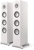 Pair of KEF Q11 Meta passive floorstanding speakers in satin white, shown from a front perspective.