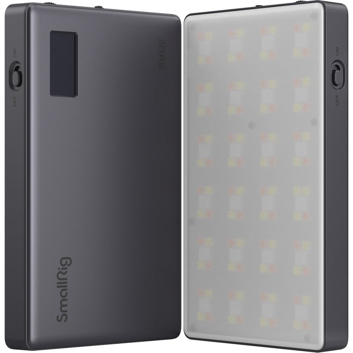 SmallRig RM120 RGB video light showing adjustable color temperature and brightness settings on its compact design.
