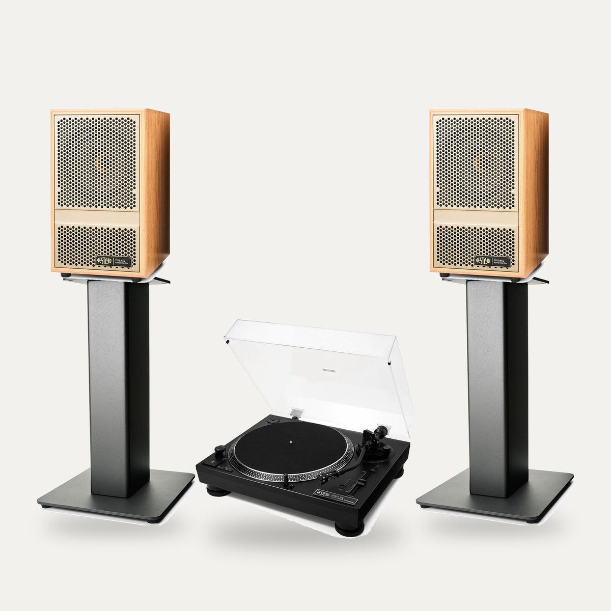 Vestlyd Vinyl Setup: Pro T1 turntable in Black with M6C Active speakers in Oak on M-Stands