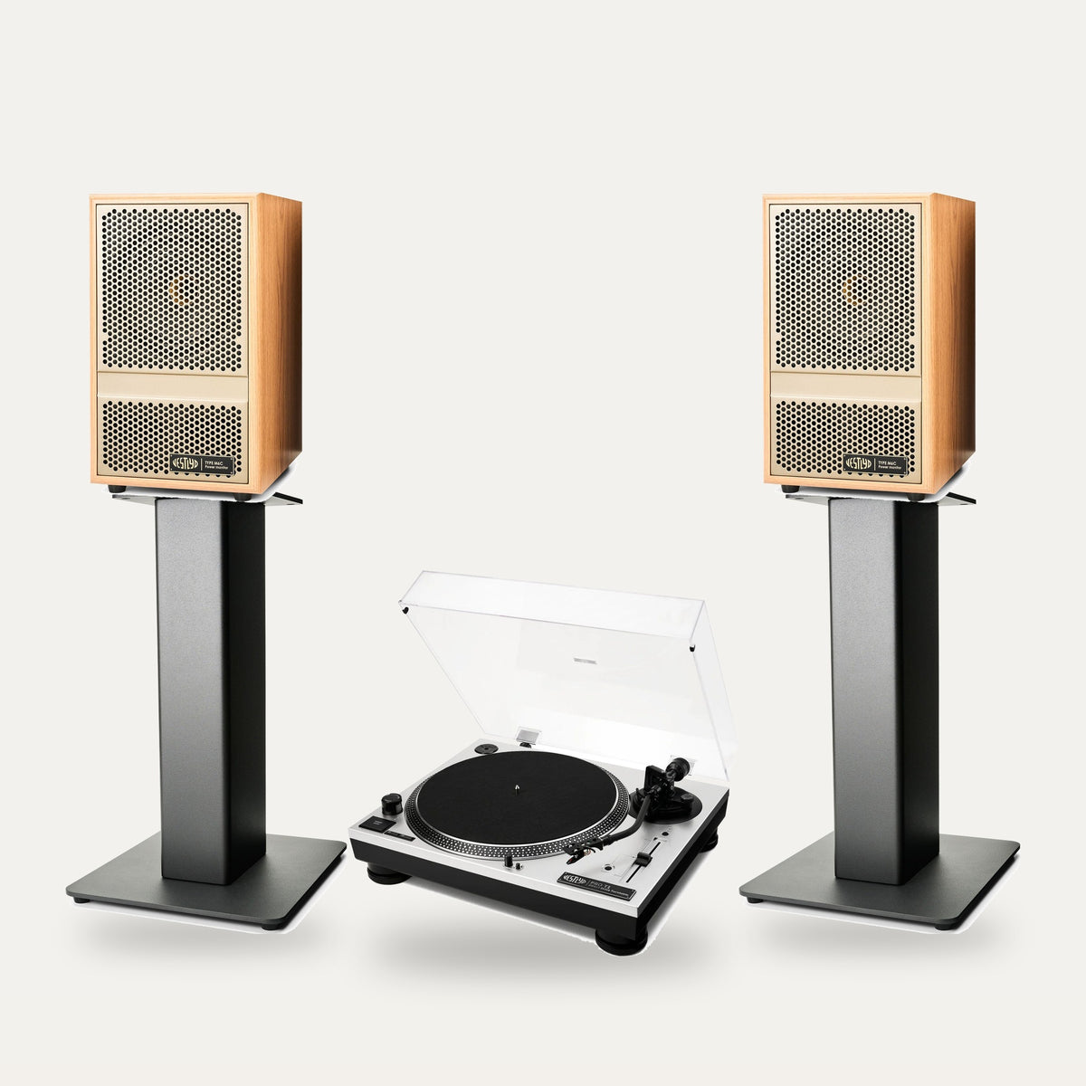 Vestlyd Vinyl Setup: Pro T1 turntable in Silver with M6C Active speakers in Oak on M-Stands